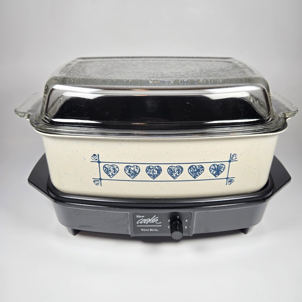 Vintage West Bend Slow Cooker 4 qt Blue Hearts Cream Off-white Country Farmhouse